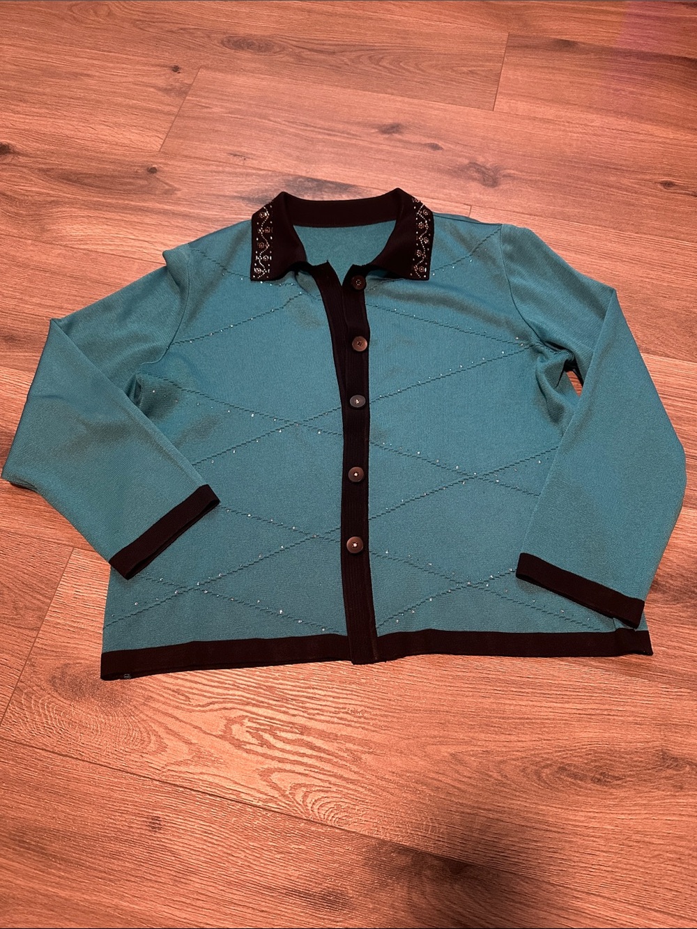 Women's Teal Button-Front Knit Blazer with Black Trim